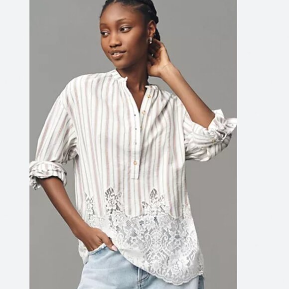 Anthropologie Pilcro Long-Sleeve Lacey Tunic Top Button-Up Boho Western Sz Small - Picture 1 of 6